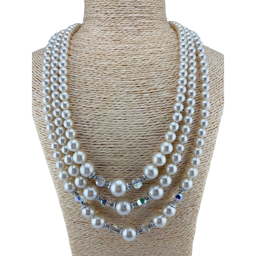 Vintage Three-Strand Graduated Glass Pearl Crystal Accent Necklace